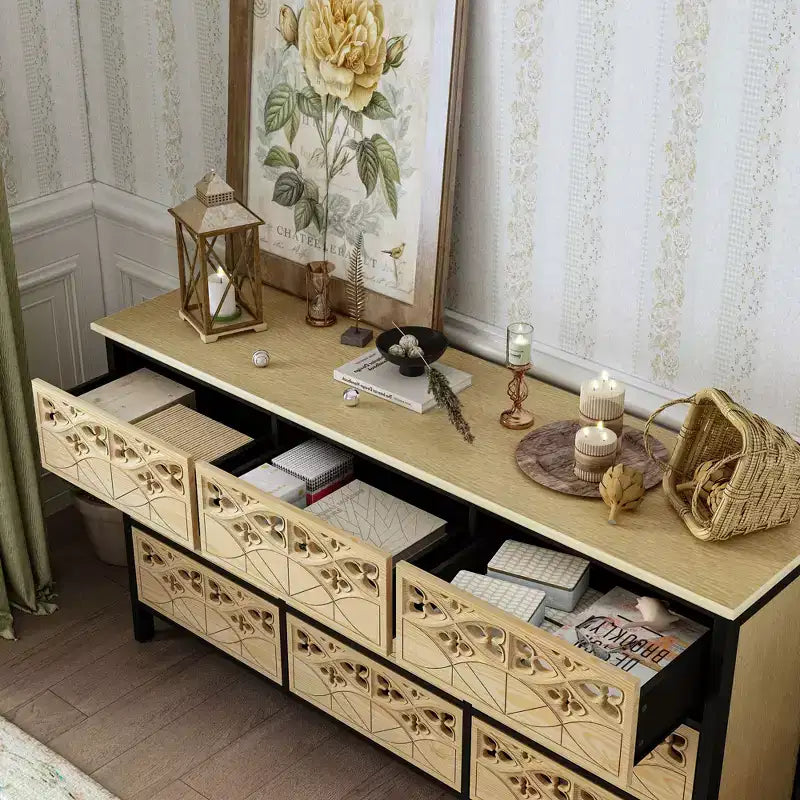 Famapy Cassettiera a 9 Cassetti, Comò con Rilievi Intagliati, Credenza Multiuso, Mobile Dispensa da Cucina, Pezzo d'Arte per Camera da Letto/Sala da Pranzo/Soggiorno