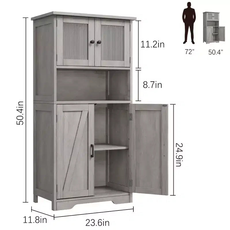 Meuble de salle de bain, Armoire de rangement de style ferme avec portes en verre et étagères réglables, Armoire de cuisine autoportante, Meuble de rangement au sol