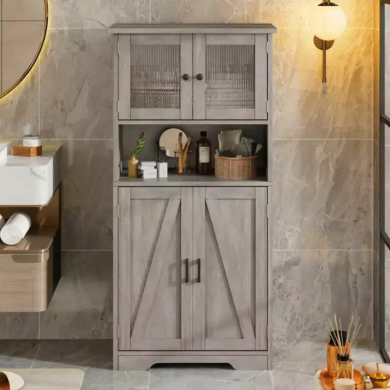 Meuble de salle de bain, Armoire de rangement de style ferme avec portes en verre et étagères réglables, Armoire de cuisine autoportante, Meuble de rangement au sol