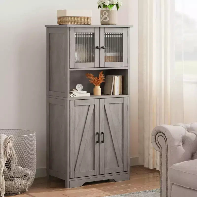 Meuble de salle de bain, Armoire de rangement de style ferme avec portes en verre et étagères réglables, Armoire de cuisine autoportante, Meuble de rangement au sol