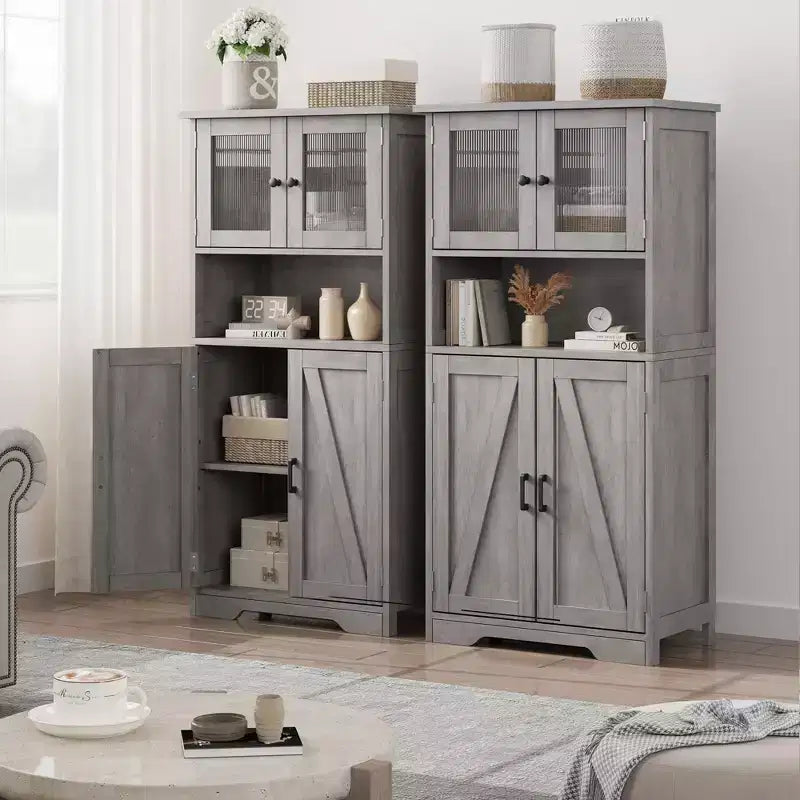 Meuble de salle de bain, Armoire de rangement de style ferme avec portes en verre et étagères réglables, Armoire de cuisine autoportante, Meuble de rangement au sol