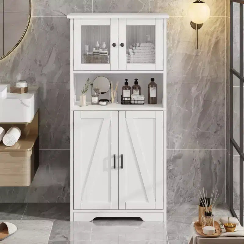 Meuble de salle de bain, Armoire de rangement de style ferme avec portes en verre et étagères réglables, Armoire de cuisine autoportante, Meuble de rangement au sol