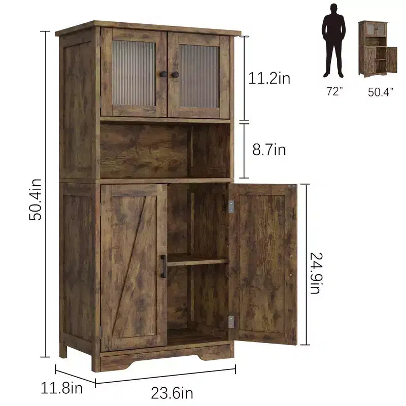 Meuble de salle de bain, Armoire de rangement de style ferme avec portes en verre et étagères réglables, Armoire de cuisine autoportante, Meuble de rangement au sol