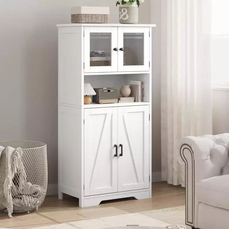 Meuble de salle de bain, Armoire de rangement de style ferme avec portes en verre et étagères réglables, Armoire de cuisine autoportante, Meuble de rangement au sol