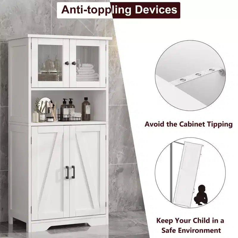 Meuble de salle de bain, Armoire de rangement de style ferme avec portes en verre et étagères réglables, Armoire de cuisine autoportante, Meuble de rangement au sol