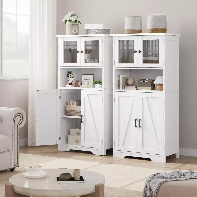 Meuble de salle de bain, Armoire de rangement de style ferme avec portes en verre et étagères réglables, Armoire de cuisine autoportante, Meuble de rangement au sol