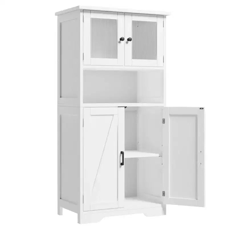 Meuble de salle de bain, Armoire de rangement de style ferme avec portes en verre et étagères réglables, Armoire de cuisine autoportante, Meuble de rangement au sol