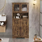 Meuble de salle de bain, Armoire de rangement de style ferme avec portes en verre et étagères réglables, Armoire de cuisine autoportante, Meuble de rangement au sol