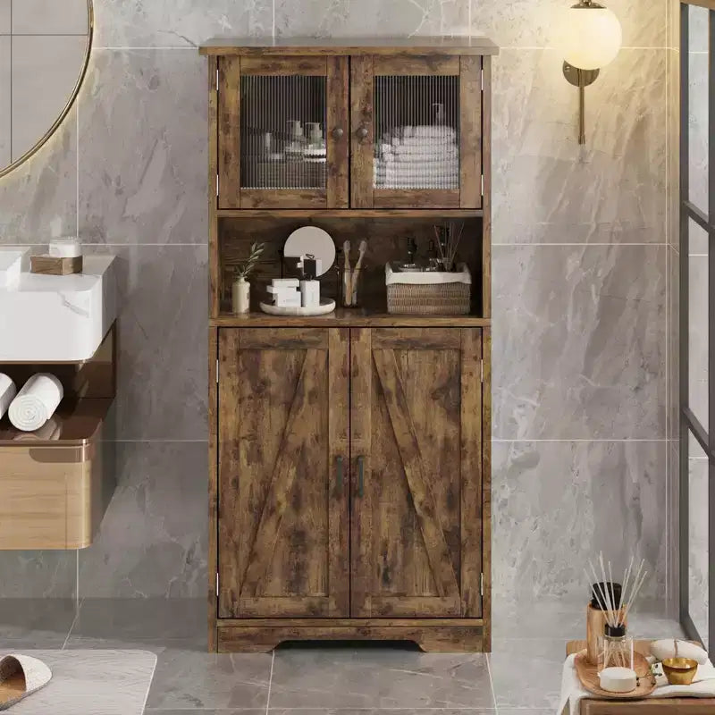 Meuble de salle de bain, Armoire de rangement de style ferme avec portes en verre et étagères réglables, Armoire de cuisine autoportante, Meuble de rangement au sol