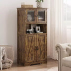Meuble de salle de bain, Armoire de rangement de style ferme avec portes en verre et étagères réglables, Armoire de cuisine autoportante, Meuble de rangement au sol