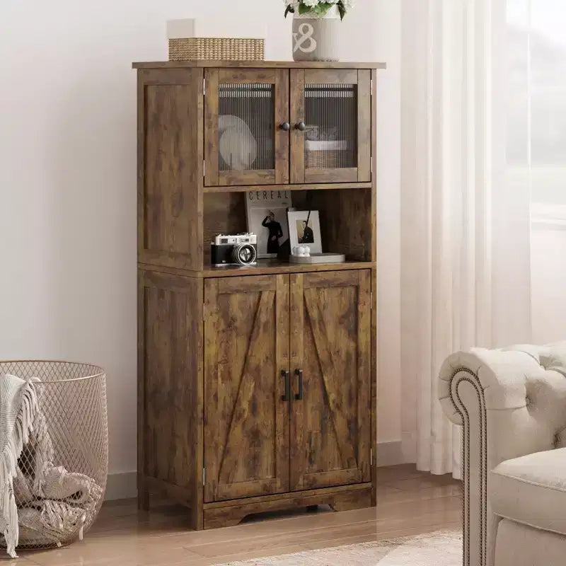 Meuble de salle de bain, Armoire de rangement de style ferme avec portes en verre et étagères réglables, Armoire de cuisine autoportante, Meuble de rangement au sol