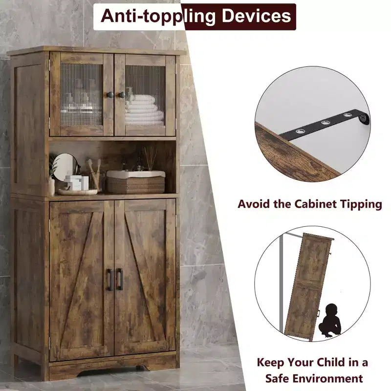 Meuble de salle de bain, Armoire de rangement de style ferme avec portes en verre et étagères réglables, Armoire de cuisine autoportante, Meuble de rangement au sol