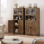 Meuble de salle de bain, Armoire de rangement de style ferme avec portes en verre et étagères réglables, Armoire de cuisine autoportante, Meuble de rangement au sol