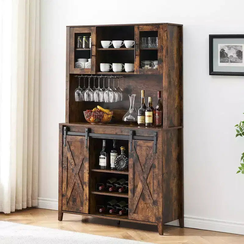 Meuble de salle de bain, Armoire de rangement de style ferme avec portes en verre et étagères réglables, Armoire de cuisine autoportante, Meuble de rangement au sol