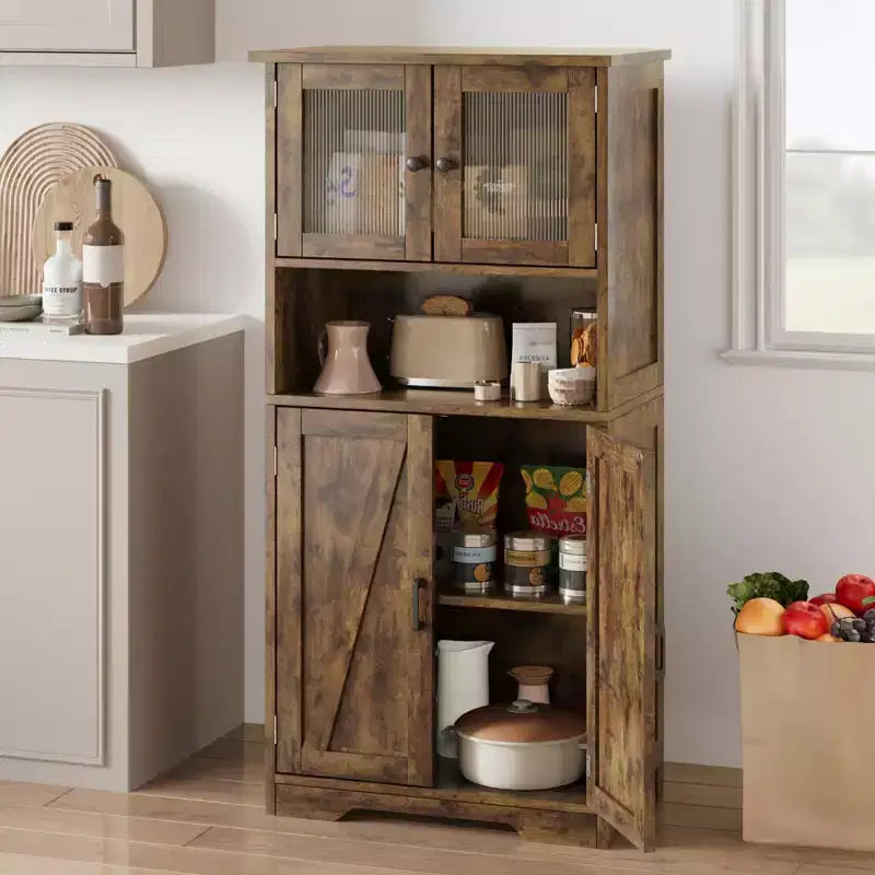Bathroom Cabinet, Farmhouse Storage Cabinet with Glass Doors and Adjustable Shelves, Freestanding Kitchen Pantry Cabinet, Cupboard Floor Cabinet