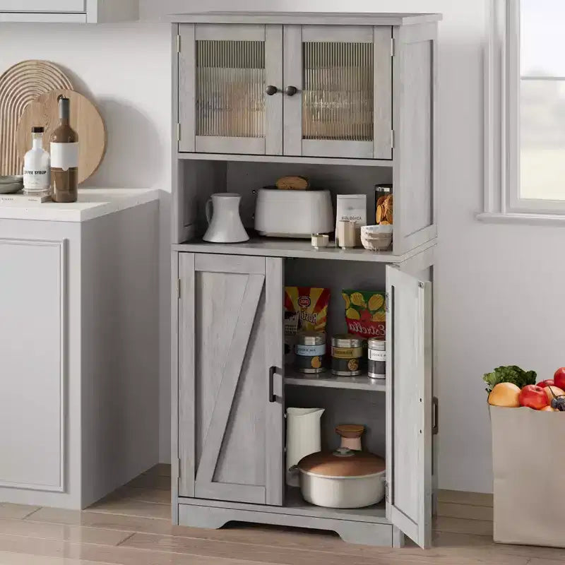 Meuble de salle de bain, Armoire de rangement de style ferme avec portes en verre et étagères réglables, Armoire de cuisine autoportante, Meuble de rangement au sol