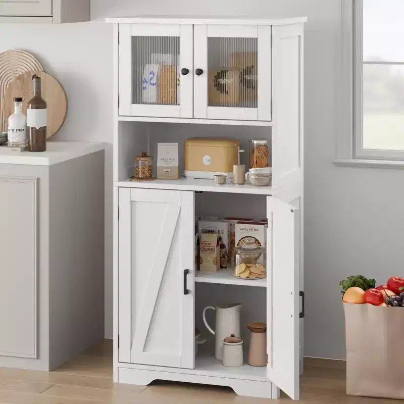 Meuble de salle de bain, Armoire de rangement de style ferme avec portes en verre et étagères réglables, Armoire de cuisine autoportante, Meuble de rangement au sol