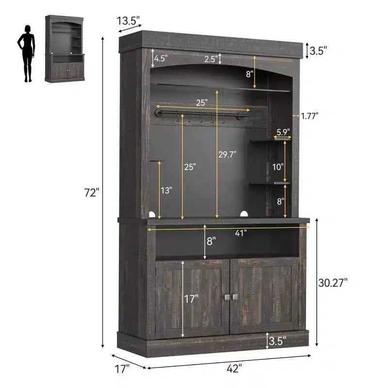 Armadietto da Bar per Caffè Alto 183 cm, Buffet con Vano Contenitore, Credenza da Cucina Stile Fattoria, Mobile Alto per Caffè con Ripiano per Microonde/Portabottiglie/Mensola in Vetro