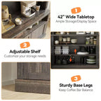 Armadietto da Bar per Caffè Alto 183 cm, Buffet con Vano Contenitore, Credenza da Cucina Stile Fattoria, Mobile Alto per Caffè con Ripiano per Microonde/Portabottiglie/Mensola in Vetro