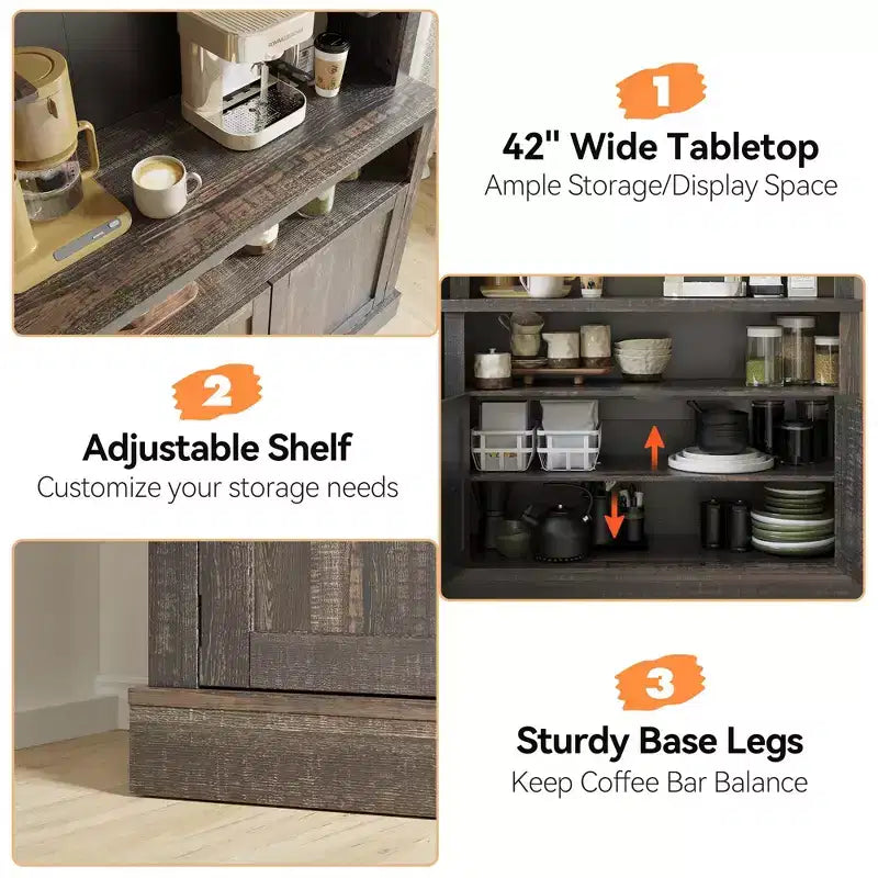 Armadietto da Bar per Caffè Alto 183 cm, Buffet con Vano Contenitore, Credenza da Cucina Stile Fattoria, Mobile Alto per Caffè con Ripiano per Microonde/Portabottiglie/Mensola in Vetro