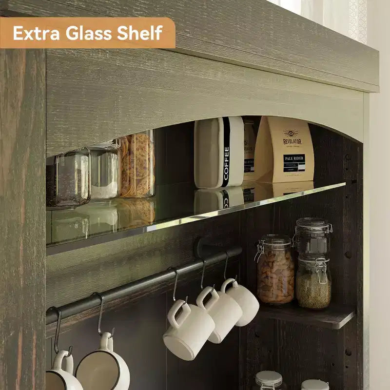 Armadietto da Bar per Caffè Alto 183 cm, Buffet con Vano Contenitore, Credenza da Cucina Stile Fattoria, Mobile Alto per Caffè con Ripiano per Microonde/Portabottiglie/Mensola in Vetro