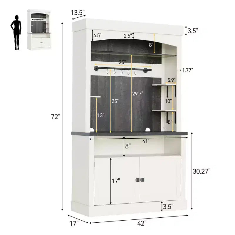 Armadietto da Bar per Caffè Alto 183 cm, Buffet con Vano Contenitore, Credenza da Cucina Stile Fattoria, Mobile Alto per Caffè con Ripiano per Microonde/Portabottiglie/Mensola in Vetro