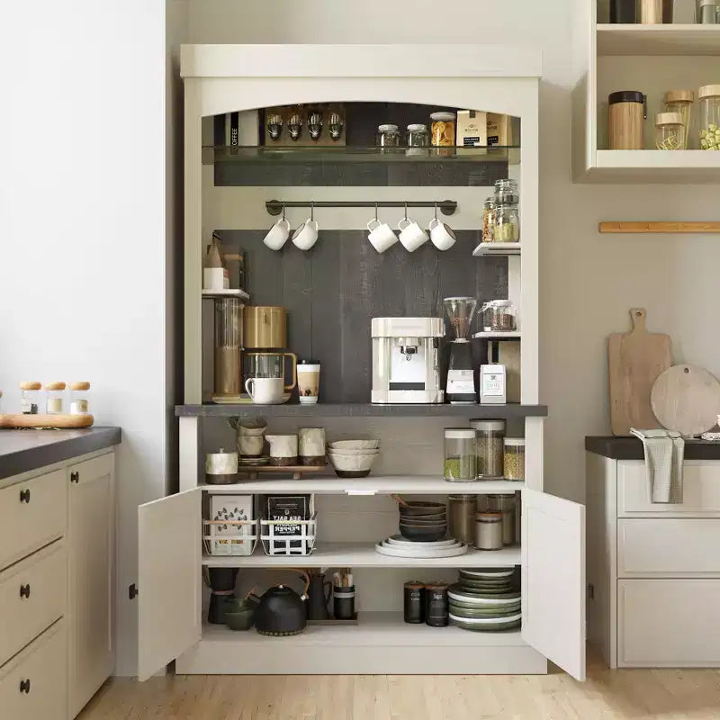 Armadietto da Bar per Caffè Alto 183 cm, Buffet con Vano Contenitore, Credenza da Cucina Stile Fattoria, Mobile Alto per Caffè con Ripiano per Microonde/Portabottiglie/Mensola in Vetro