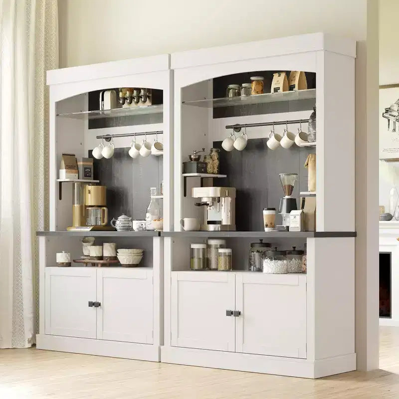 Armadietto da Bar per Caffè Alto 183 cm, Buffet con Vano Contenitore, Credenza da Cucina Stile Fattoria, Mobile Alto per Caffè con Ripiano per Microonde/Portabottiglie/Mensola in Vetro