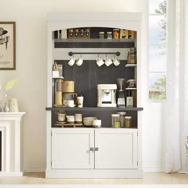 Armadietto da Bar per Caffè Alto 183 cm, Buffet con Vano Contenitore, Credenza da Cucina Stile Fattoria, Mobile Alto per Caffè con Ripiano per Microonde/Portabottiglie/Mensola in Vetro