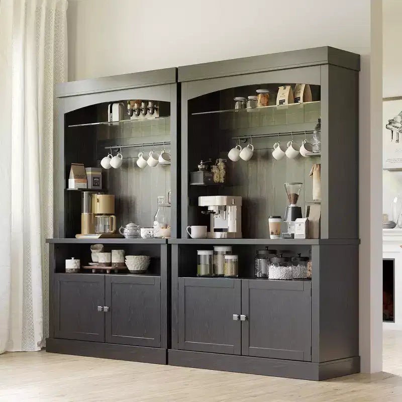 Armadietto da Bar per Caffè Alto 183 cm, Buffet con Vano Contenitore, Credenza da Cucina Stile Fattoria, Mobile Alto per Caffè con Ripiano per Microonde/Portabottiglie/Mensola in Vetro