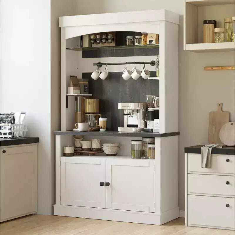 Armadietto da Bar per Caffè Alto 183 cm, Buffet con Vano Contenitore, Credenza da Cucina Stile Fattoria, Mobile Alto per Caffè con Ripiano per Microonde/Portabottiglie/Mensola in Vetro