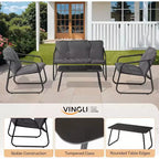 VINGLI Set Divano da Esterno 4 Pezzi, Set Arredo Giardino con Tavolino da Caffè in Vetro e Cuscini Confortevoli, Grigio