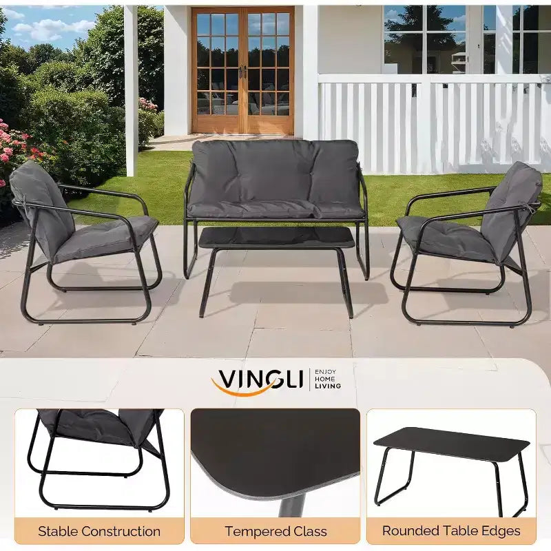 VINGLI Ensemble de conversation de terrasse 4 pièces, ensemble de meubles d'extérieur avec table basse en verre et coussin confortable, gris