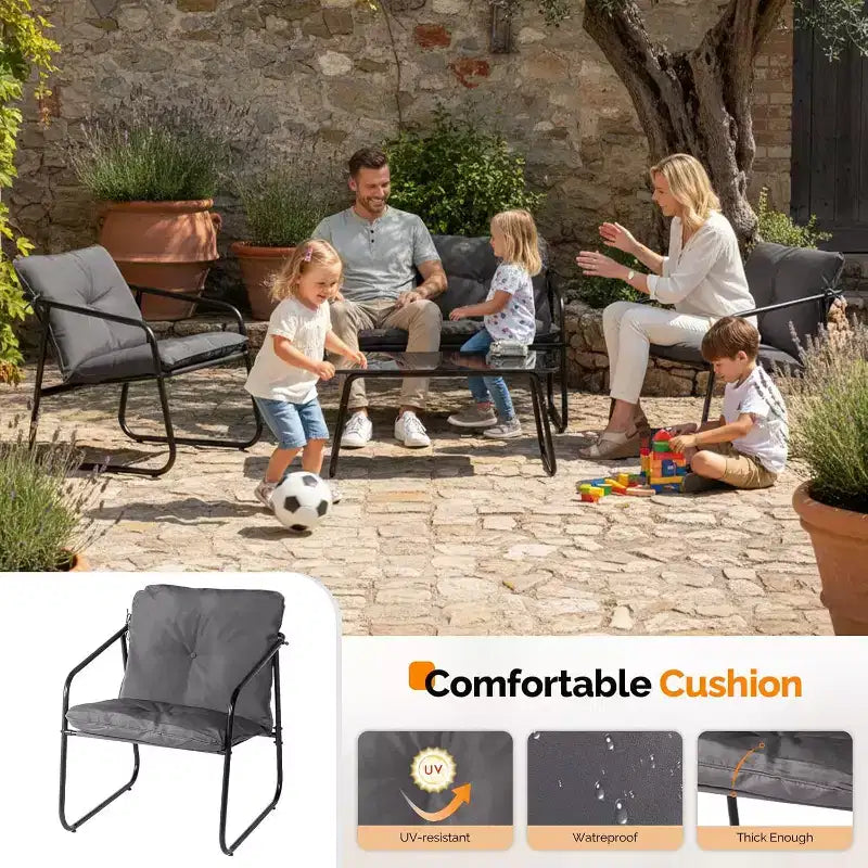 VINGLI Set Divano da Esterno 4 Pezzi, Set Arredo Giardino con Tavolino da Caffè in Vetro e Cuscini Confortevoli, Grigio