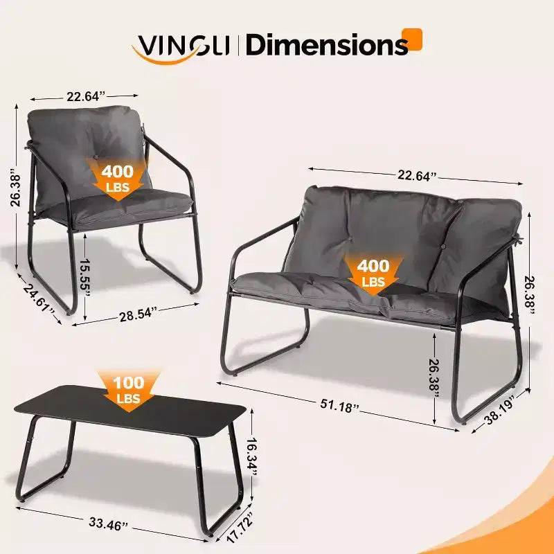 VINGLI Set Divano da Esterno 4 Pezzi, Set Arredo Giardino con Tavolino da Caffè in Vetro e Cuscini Confortevoli, Grigio