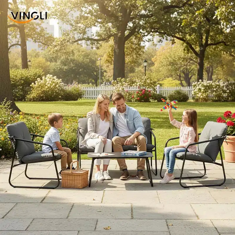 VINGLI Set Divano da Esterno 4 Pezzi, Set Arredo Giardino con Tavolino da Caffè in Vetro e Cuscini Confortevoli, Grigio