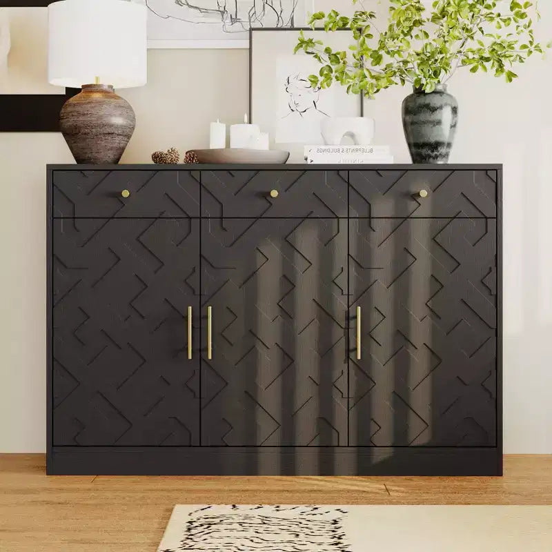 Famapy Black Storage Cabinet Buffet Chest with Gold Accents and Geometric Design Shoe Cabinet