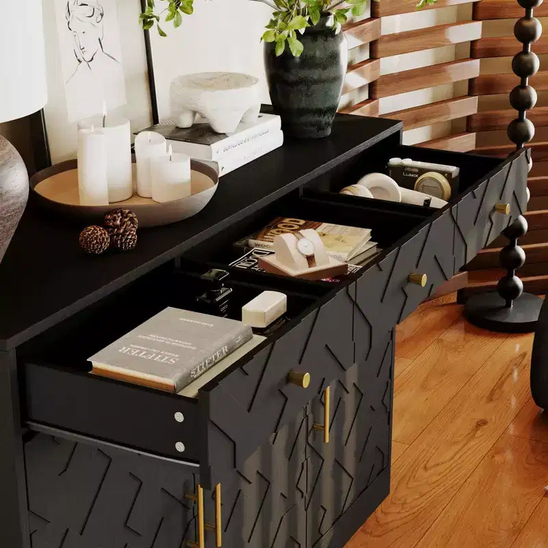 Meuble de rangement noir Famapy, buffet avec accents dorés et design géométrique, meuble à chaussures