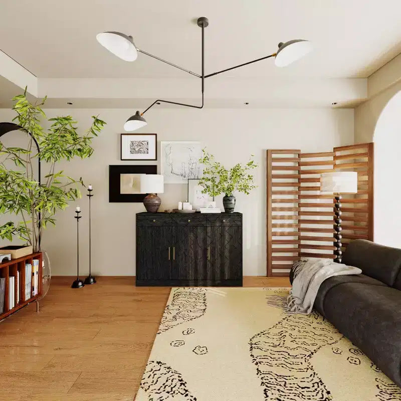 Meuble de rangement noir Famapy, buffet avec accents dorés et design géométrique, meuble à chaussures