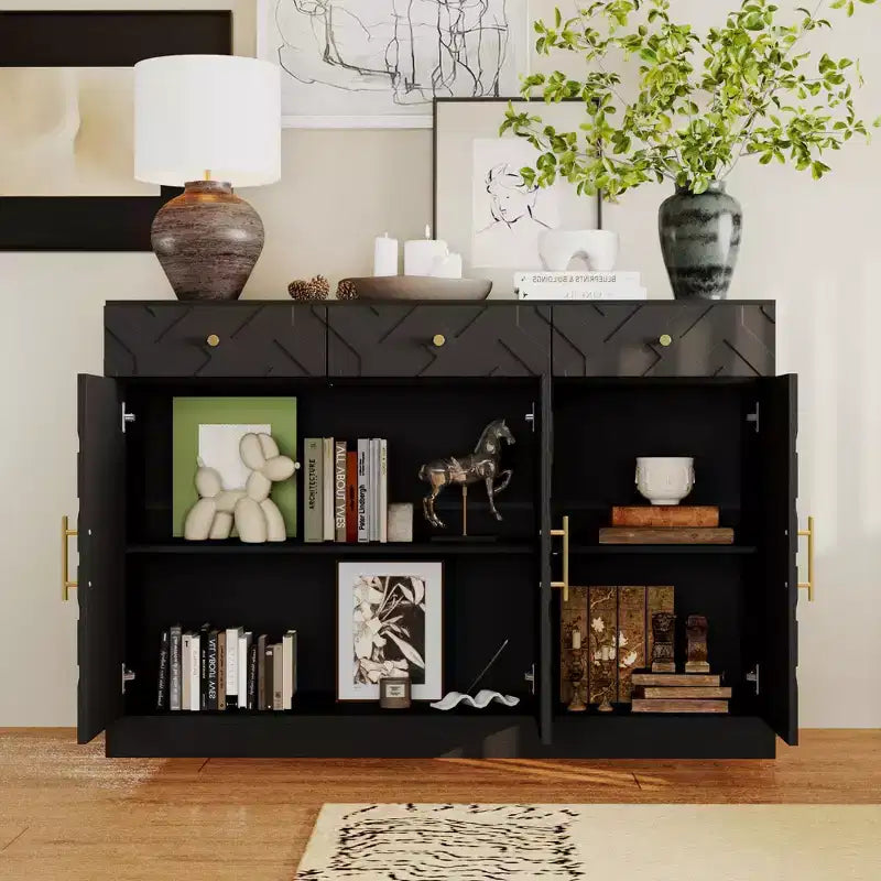 Meuble de rangement noir Famapy, buffet avec accents dorés et design géométrique, meuble à chaussures