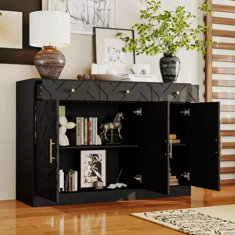 Meuble de rangement noir Famapy, buffet avec accents dorés et design géométrique, meuble à chaussures