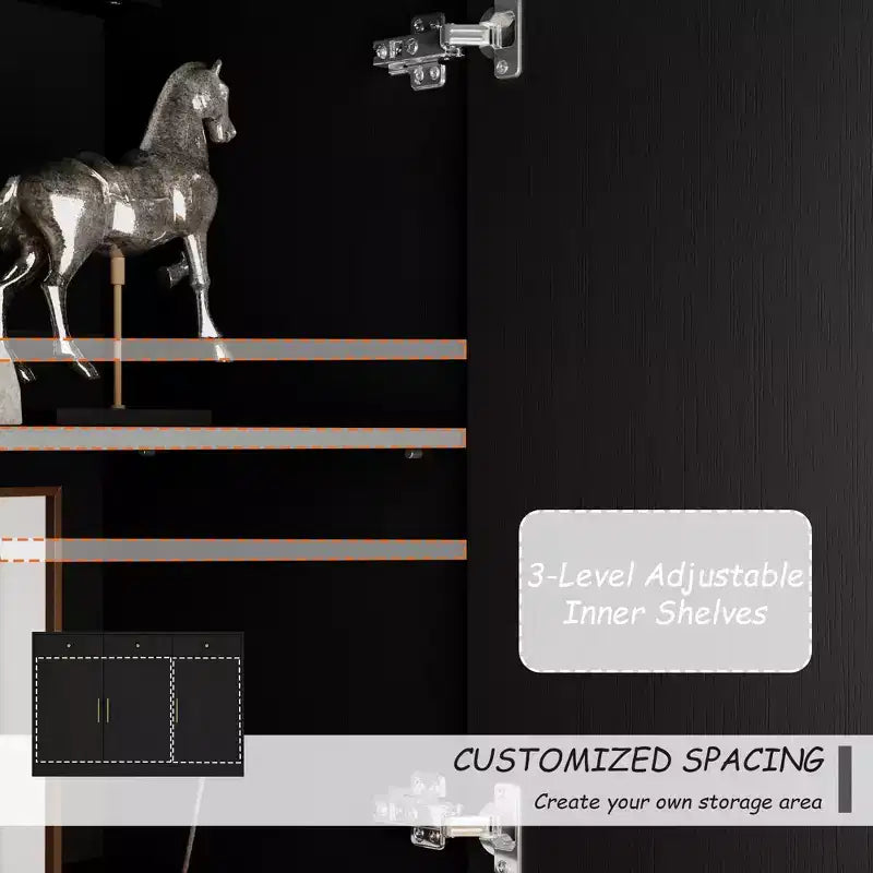 Meuble de rangement noir Famapy, buffet avec accents dorés et design géométrique, meuble à chaussures