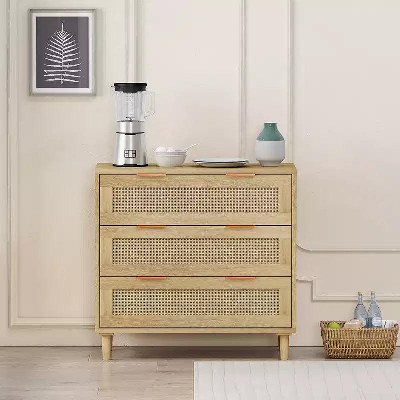 3-Drawer Chest of Drawers, Kitchen Storage Cabinet with 3 Deep Rattan Drawers, Buffet Cabinet with Iron Handle