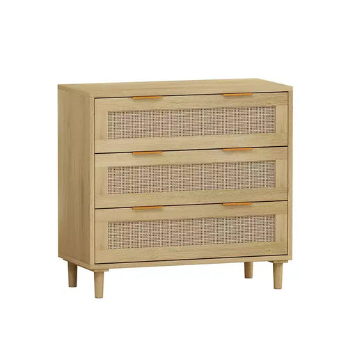 Commode à 3 tiroirs, meuble de rangement de cuisine avec 3 tiroirs profonds en rotin, buffet avec poignée en fer