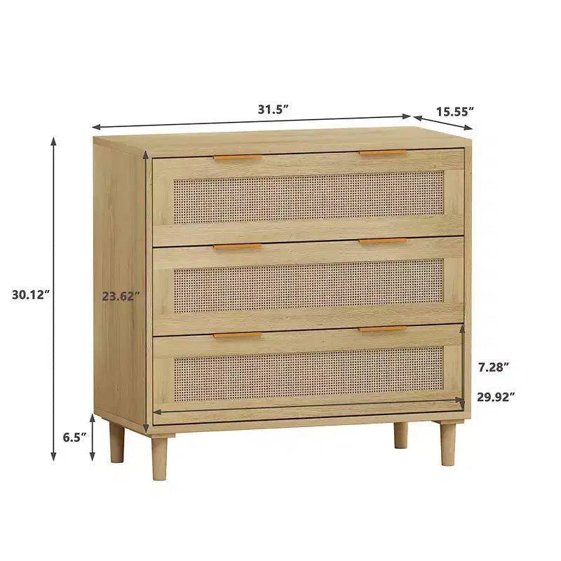 Cassettiera a 3 cassetti, mobiletto da cucina con 3 cassetti profondi in rattan, mobile buffet con maniglia in ferro