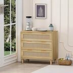 Cassettiera a 3 cassetti, mobiletto da cucina con 3 cassetti profondi in rattan, mobile buffet con maniglia in ferro