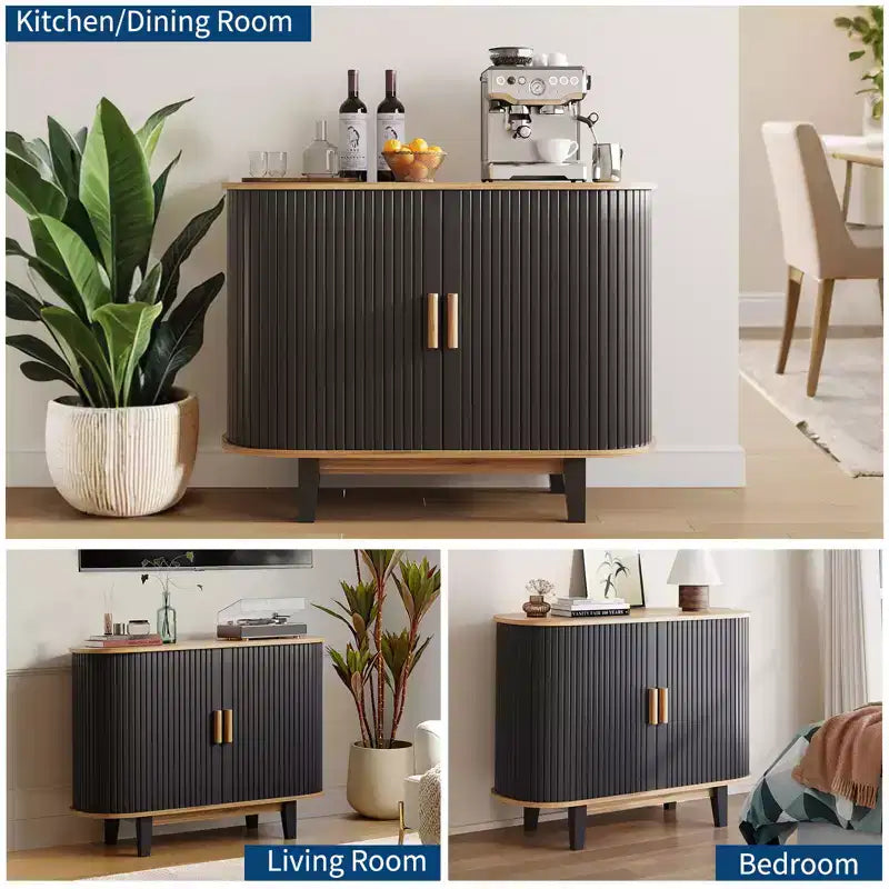 CuisinSmart Buffet bas cannelé 40'', meuble de rangement avec porte coulissante et étagère réglable, pour salon, salle à manger, cuisine, couloir, noir