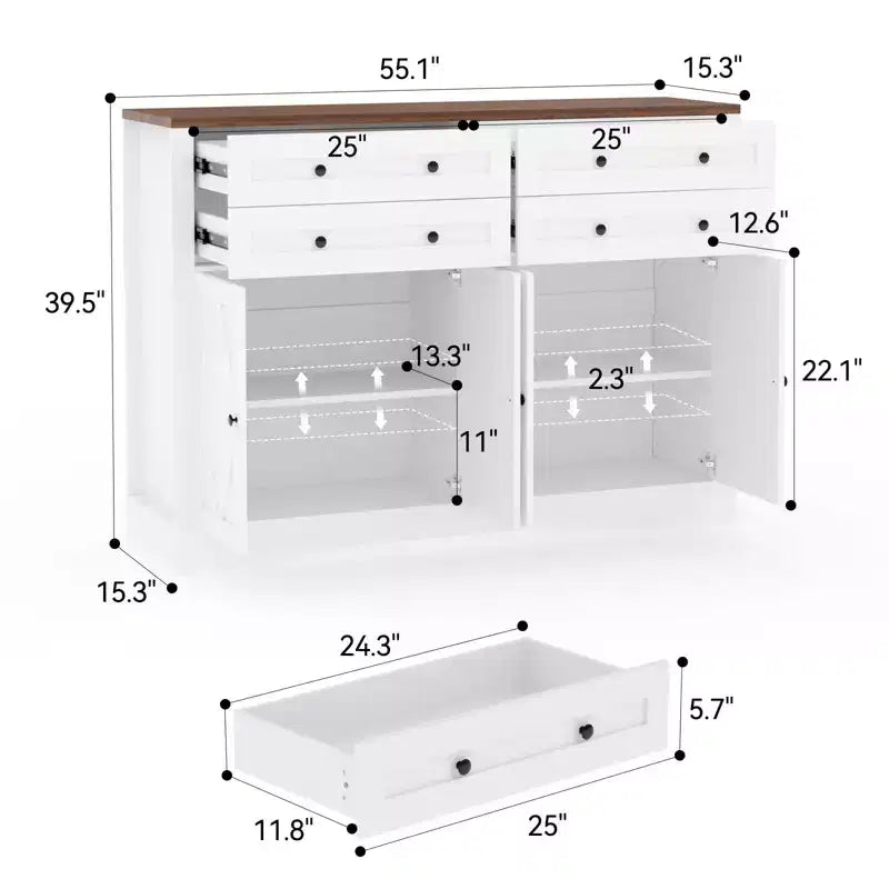 Credenza buffet grande da 55 pollici con contenitore, 4 cassetti e 4 ante, mobile contenitore da cucina con ripiano regolabile, mobile bar in legno per corridoio