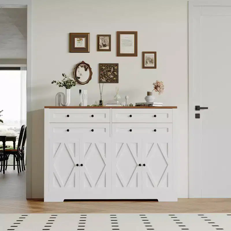 Grand buffet de 140 cm avec rangement, 4 tiroirs et 4 portes, meuble de rangement de cuisine avec étagère réglable, bar à café en bois pour couloir