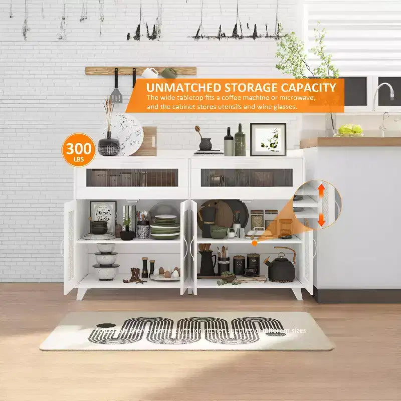 Credenza bassa, mobile da cucina da 120 cm con cassetti, stazione bar caffè in legno con contenitore per sala da pranzo/soggiorno